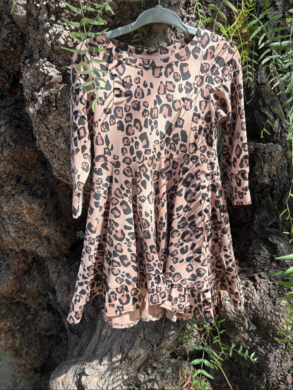 NUX Girls' Pink Leopard Print Long Sleeve Dress